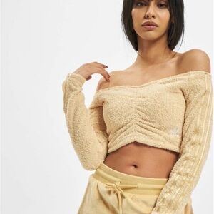 Adidas Originals Beige Fuzzy Teddy Bear Long Sleeve Cropped Sweater Sz Small